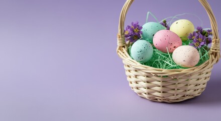 Pastel-colored easter eggs nestled amongst purple flowers in a wicker basket create a festive springtime scene