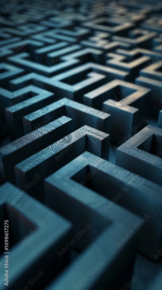 Poster close-up of a 3d wooden maze showcasing intricate patterns and shadows, creating a modern abstract d