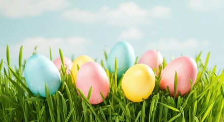 Pastel colored easter eggs nestled in vibrant green grass against a bright blue sky create a cheerful springtime scene