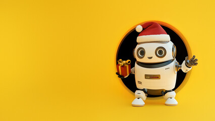 Fototapeta premium Delightful robot with gifts in yellow background