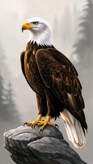 Obraz premium Majestic eagle perched on a rocky cliff in a misty forest during early morning hours