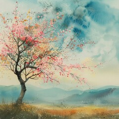 Beautiful watercolor painting of a cherry blossom tree against a tranquil mountain landscape, capturing the essence of spring.