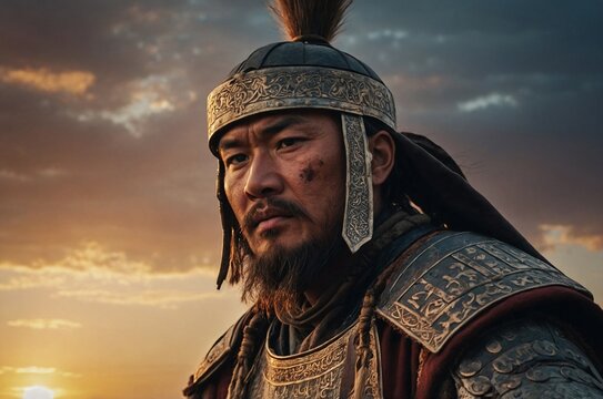 A Mongol warrior of the 14th century at sunset.