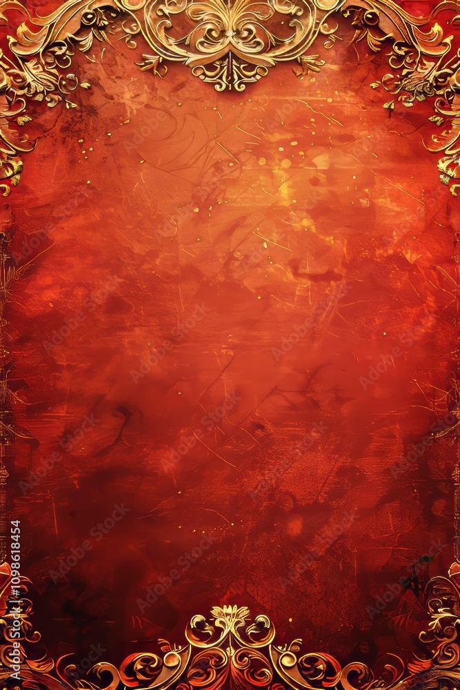 Poster a red and gold background with intricate gold trim. the background is a deep shade of red, and the g