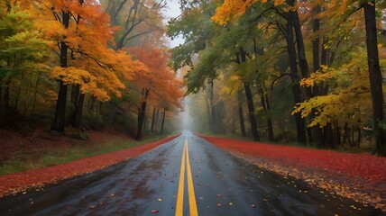 Obraz premium Colorful autumn foliage along a misty road in a serene forest landscape