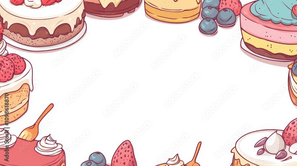 Poster a vibrant collection of various cakes and pastries adorned with fresh berries, creating a delightful