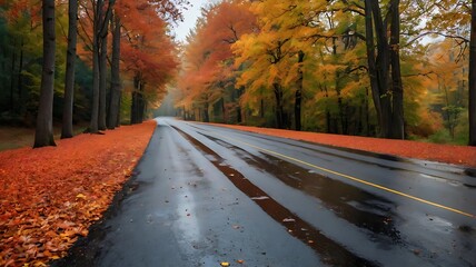 Obraz premium Vibrant autumn leaves cover a rain-soaked road lined with trees in a serene forest setting
