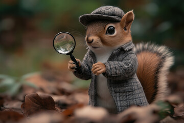 Obraz premium A curious squirrel in a miniature detective coat and hat, holding a magnifying glass on a white background