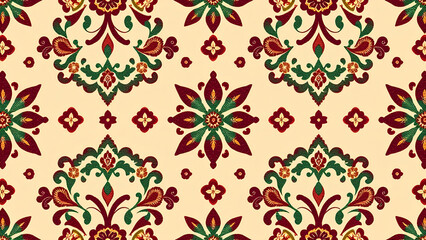 Fototapeta premium A deep burgundy and forest green Ikat floral paisley Vector pattern with shimmering bronze embroidery on a muted tan backdrop