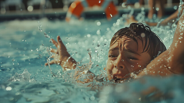 Child in Distress in a Swimming Pool, Crying for Help as Water Splashes Around. Focus on Water Safety and Lifeguard Awareness. Image Made Using Generative AI.