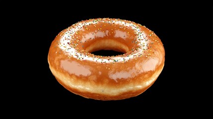 Fototapeta premium food macro shot on crisp and appetizing. A glossy, glazed donut with a sprinkle topping, presented on a black background, highlighting its round shape and sweetness.