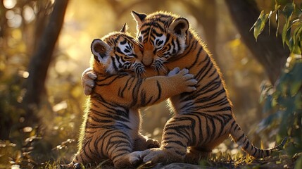 Obraz premium A playful scene of tiger cubs wrestling with each other in the wild