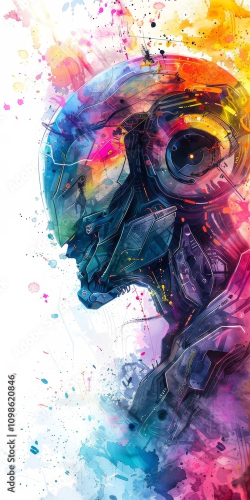 Poster Dynamic digital artwork featuring a futuristic robot with vivid colors and intricate details, blending technology and creativity.