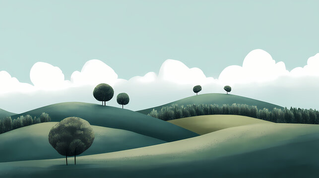 A serene landscape with rolling hills, stylized trees, and clouds under a blue sky, depicting a peaceful natural setting. Minimalism. Illustration