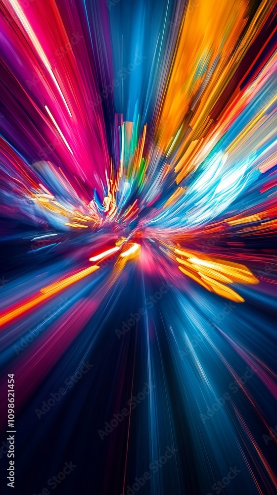 Poster dynamic abstract light streaks in vibrant colors create a sense of motion and energy against a dark 