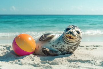 A grinning seal lying on its back on a sandy beach, holding a beach ball