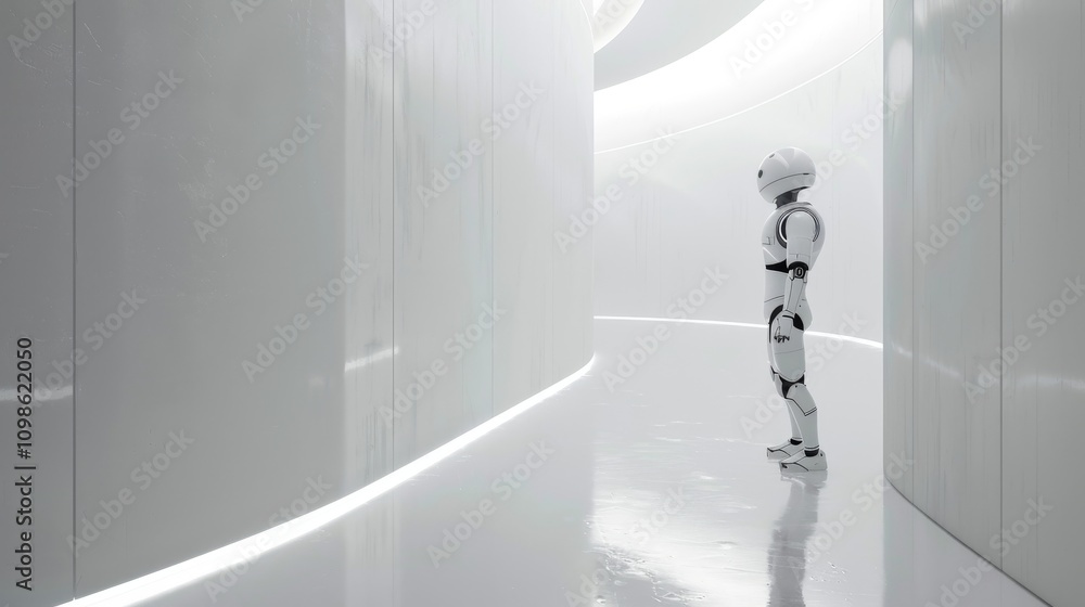 Poster a robot is standing in a white room. the robot is wearing a helmet. the robot is looking at somethin
