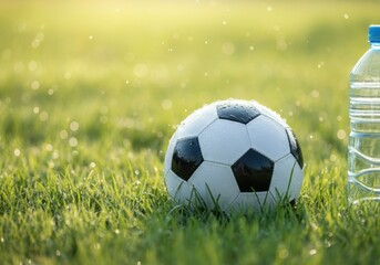 Naklejka premium Classic soccer ball sits on a vibrant green field with a refreshing water bottle, perfect for a thirst-quenching break