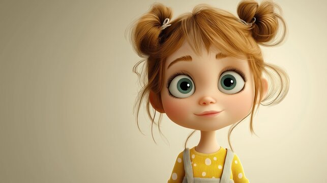 Portrait of a cute cartoon blonde little girl on a light background. 3D Girl cartoon character.