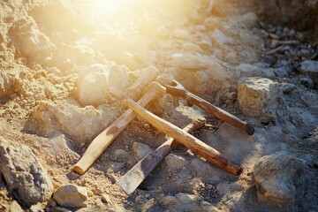Old tools rest on sunlit, rocky ground.