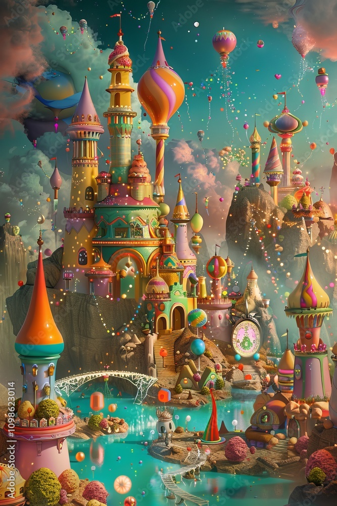 Poster a colorful fantasy world with a castle and a bridge. the castle is decorated with many different col