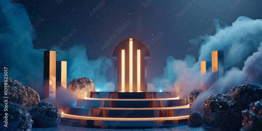 Poster a captivating futuristic scene featuring glowing structures surrounded by mist and stars, creating a