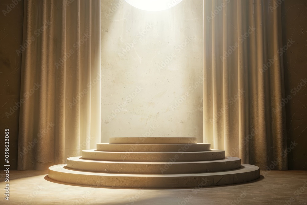 Poster a circular stage illuminated by soft sunlight, surrounded by elegant curtains, creating a serene and