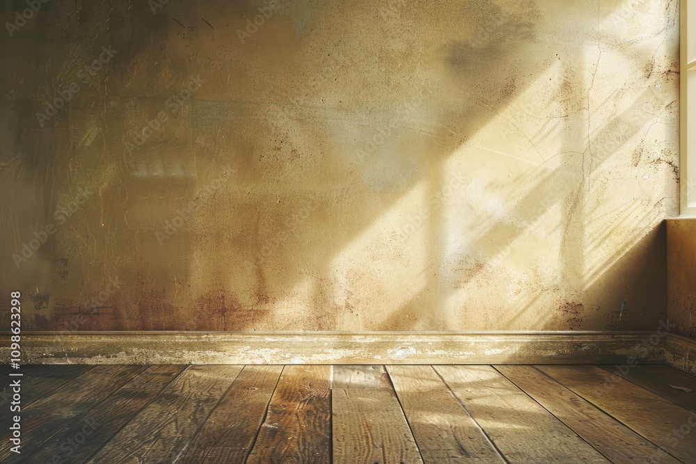 Poster sunlight streaming into an empty room with rustic wooden floors and textured walls, casting warm sha