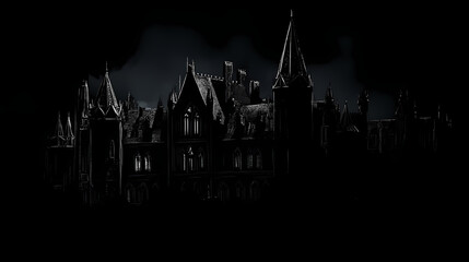 Segmented gothic architecture, with distinct sections of a dark, eerie castle highlighted in glowing light to show separation. Gothic. Illustration
