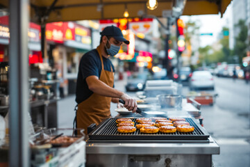 Cook prepares grilled dishes on a bustling city street while pedestrians pass by, creating a lively urban atmosphere