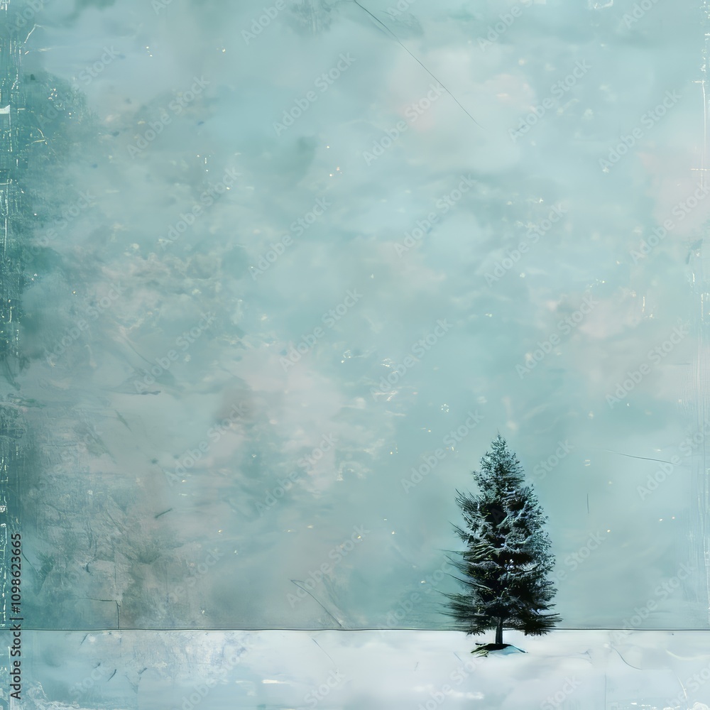 Poster a small pine tree is standing in the snow. the sky is blue and cloudy. the tree is the only object i