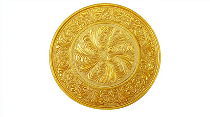 Fototapeta premium A golden circular medallion with intricate engravings, isolated on a clean white background, showcasing sharp and detailed craftsmanship, symbolizing elegance and tradition.