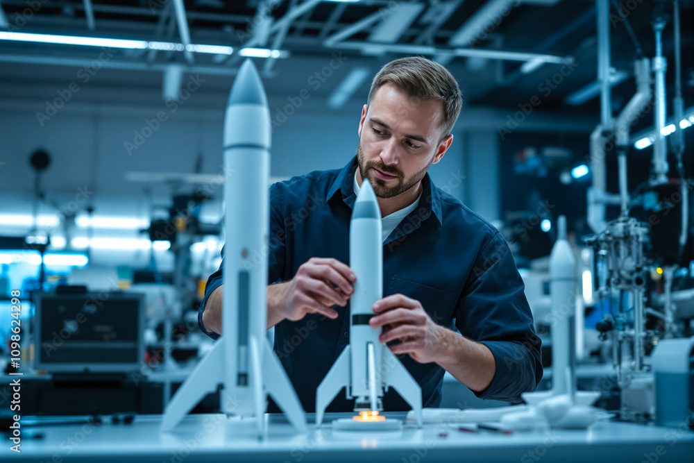 Poster an engineer assembles detailed rocket models in a high-tech lab filled with modern technology
