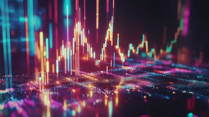 Abstract colorful data visualization with glowing lines and particles, depicting a dynamic stock market graph.
