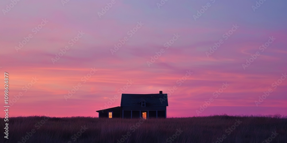 Poster a house is in the middle of a field with a beautiful sunset in the background. the house is small an