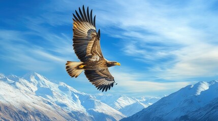 Obraz premium A majestic eagle soaring high above a mountain range under a clear blue sky
