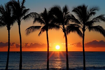 Obraz premium A beautiful sunset over the ocean with palm trees in the background. The sky is a mix of orange and pink hues, creating a serene and calming atmosphere