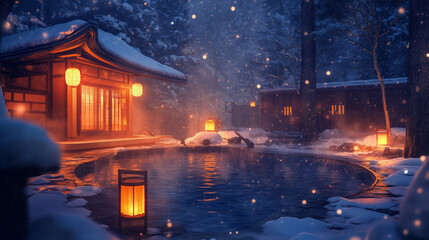 Obraz premium Serene Winter Onsen