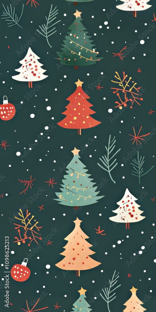 Poster a green and red christmas tree with a star on top. there are many trees in the background