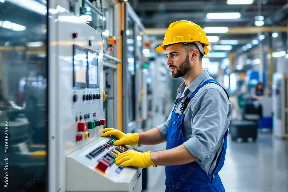 Poster worker adjusting industrial machinery controls while following safety protocols in a busy factory