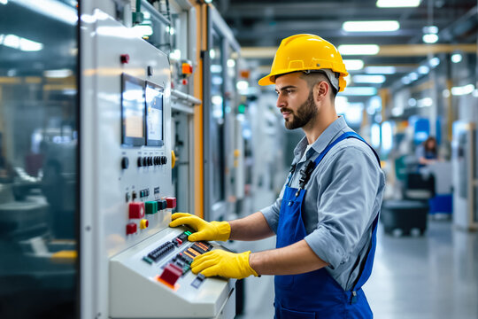 Worker adjusting industrial machinery controls while following safety protocols in a busy factory