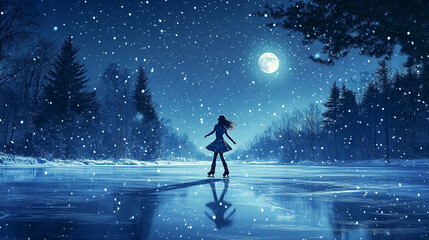 Naklejka premium NIGHT FIGURE SKATING ON A FROZEN POND