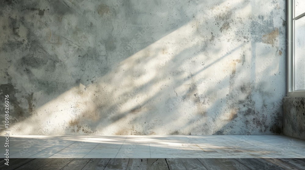 Poster Sunlight streaming through a window onto a rustic concrete wall and wooden floor, creating a serene and minimalist atmosphere.
