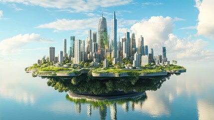 Fototapeta premium Futuristic Floating Cityscape Over Serene Waters: Innovation and Sustainability