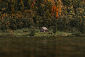 Blick auf eine Holzh&uuml;tte an einem See im Herbst, buntes Laub und klares Wasser, Unterkunft f&uuml;r Wanderer