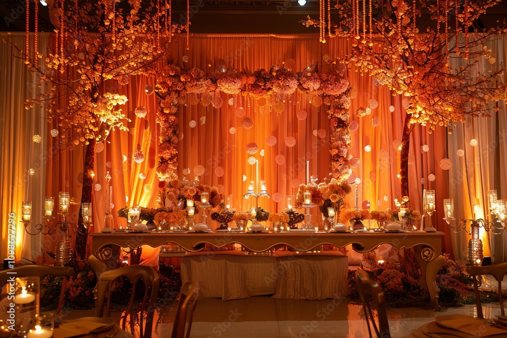 Poster a large table with a floral arrangement and candles is set up for a wedding reception. the table is 