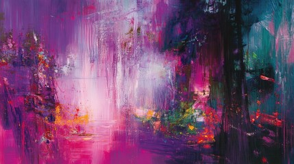 Fototapeta premium Vibrant Abstract Painting with Rich Purple and Magenta Hues in a Forest Landscape