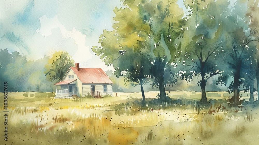 Poster a house with a red roof is in the middle of a field. trees are in the background