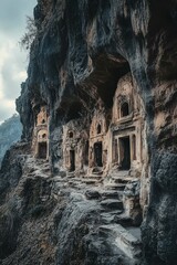 Naklejka premium Ancient rock-cut tombs, cliffside pathway.