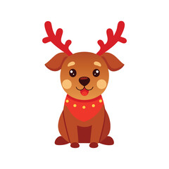 Fototapeta premium Happy Dog with Reindeer Antlers Vector - Adorable Sitting Christmas Pet Illustration on White Background for Festive Decor